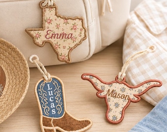 Juego de 9 llaveros ITH Texas con apliques de vaquero, archivo de bordado para etiquetas de bolsos estilo western para bordado en bastidor, juego de llaveros con dijes de rodeo, descarga instantánea.