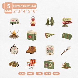 Pakiet projektów do haftu Retro Adventurecore, pliki do haftu kempingowego, ikony wędrówek z latarnią ogniskową, natychmiastowe pobieranie Happy Campers