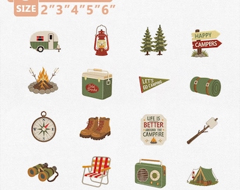 Retro Adventurecore Embroidery Design Bundle, Camping Embroidery Files, Camper Campfire Lantern Hiking Icons, Happy Campers Instant Download