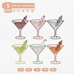 May include: Machine embroidery design featuring six martini glasses, each garnished with a skewer of sports balls including footballs, baseballs, soccer balls, tennis balls, golf balls, and basketballs. Text includes 5 SIZE 2" 3" 4" 5" 6" and file formats.