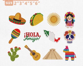 Paquete de bordado Fiesta Mexicana, Iconos del Cinco de Mayo, Colección de decoración para fiestas, Archivo de bordado a máquina de cultura mexicana, Descarga instantánea