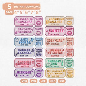 Pode incluir: Uma coleção de doze designs de bordado digital em formato de bilhetes de admissão, cada um com textos e ícones únicos sobre livros. Os designs incluem frases como Dark Romance, Cowboy Romance, Fantasy Readers, Smutty, Anti Social, Cozy Girl, Horror Readers, Enemies to Lovers, Romance Readers, Endless TBR, Midnight e My weekend is all hooked.
