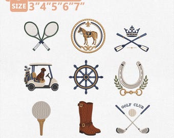 Diseño de bordado de club de campo de la alta sociedad, iconos de club de golf ecuestre de estilo preppy, archivo de bordado a máquina estético, descarga instantánea.
