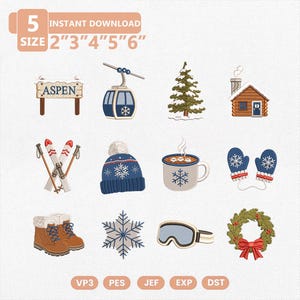 Puede incluir: Una colección de doce diseños de bordado con temática invernal que incluye un letrero de Aspen, un telesilla, un pino, una cabaña de madera, esquís, un gorro azul, una taza de cacao, manoplas, botas de invierno, un copo de nieve, gafas de esquí y una corona.