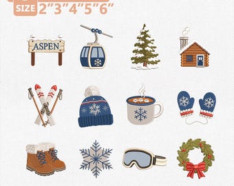 Pacchetto di disegni per ricamo Aspen Ski, file di ricamo invernale Aspen, collezione di località sciistiche di montagna, accogliente avventura sulla neve, download immediato