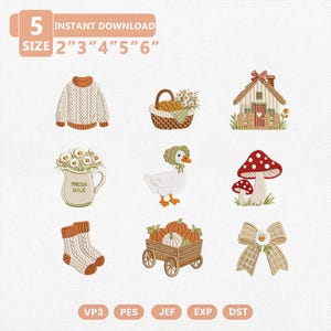 Paquete de diseños de bordado rústicos de otoño estilo granja, archivos de bordado otoñal estilo cottagecore, suéter, ganso, calabaza, seta, lazo, descarga instantánea