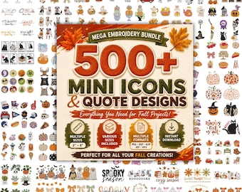 MEGA PAQUETE de más de 500 iconos y frases de otoño y Halloween para bordado a máquina, calabazas de otoño y temporada espeluznante, descarga instantánea.