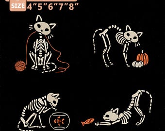 Cat Skeleton Embroidery Design Bundle, Halloween Cat Embroidery File, Spooky Cat Bones Machine Embroidery, Cat Mom Instant Download