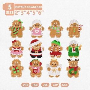 May include: A digital embroidery design set featuring twelve gingerbread characters in various outfits, including a Santa suit, angel wings, and winter accessories. Text includes 5 SIZE 2" 3" 4" 5" 6" INSTANT DOWNLOAD and file formats VP3, PES, JEF, EXP, DST.