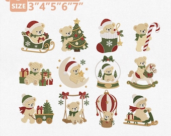 Christmas Teddy Bear Embroidery Design Bundle, Cute Holiday Bears, Santa, Sleigh and Winter Machine Embroidery, Instant Download