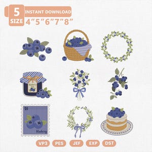 May include: A digital embroidery design set featuring blueberry motifs including a basket, wreath, jam jar, bouquet, branch, postage stamp, and cake. Text includes 5 SIZE 4" 5" 6" 7" 8" and file formats VP3, PES, JEF, EXP, DST. Blue and green color palette.