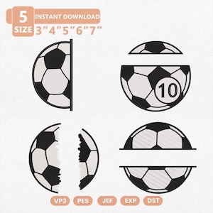 May include: Four black and white soccer ball embroidery designs in various split configurations. One design includes the number 10. Text at the top reads 5 SIZE 3" 4" 5" 6" 7". Text at the bottom lists file formats VP3, PES, JEF, EXP, and DST.