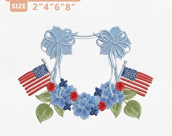 Design de bordado de guirlanda floral patriótica, laços com a bandeira americana e flores de hortênsia azul, decoração para o 4 de julho, 4 tamanhos de arquivos PES e DST.