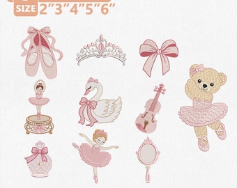 Vintage-Stickmuster für Babyballerinas, rosa Ballett-Stickerei für Kinderzimmer, Tanzmotive für kleine Mädchen, Baby-Design zum sofortigen Download