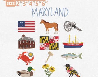 Paquete de diseños de bordado con encanto de Maryland, iconos de viajes a Maryland y la bahía de Chesapeake, lugares emblemáticos de la costa de Baltimore, estado de la antigua línea, descarga instantánea.