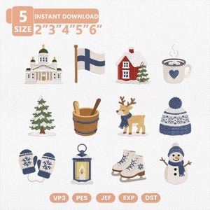 Puede incluir: Un conjunto de diseños de bordado digital con 12 iconos de temática invernal que incluyen una catedral, bandera finlandesa, cabaña roja, taza de cacao, pino, cubo de madera, reno, gorro de punto, manoplas, linterna, patines y muñeco de nieve, tamaños 5-15cm.