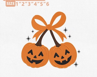 Diseño de bordado de calabaza y cereza, archivo de bordado de lazo de calabaza de Halloween, bordado a máquina de calabaza de Halloween, descarga instantánea de temática otoñal espeluznante