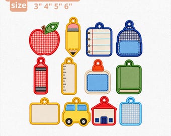 Kit de Bordado para Etiqueta de Mochila Escolar, 12 Moldes de Aplique ITH, Pacote com Etiquetas para Mochila, Maçã, Lápis, Ônibus Escolar, Download Instantâneo