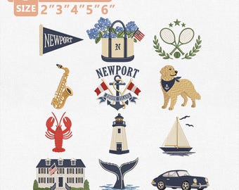 Paquete de diseños de bordado de Newport, Rhode Island, Colección náutica costera de Nueva Inglaterra, Iconos de vacaciones de verano estilo preppy con temática de navegación, Descarga instantánea
