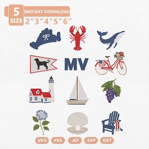 Martha's Vineyard Charm Embroidery Design Bundle, Coastal Massachusetts Embroidery Files, Lobster Whale Sailboat Lighthouse Instant Download