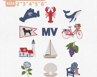 Martha's Vineyard Charm Embroidery Design Bundle, Coastal Massachusetts Embroidery Files, Lobster Whale Sailboat Lighthouse Instant Download