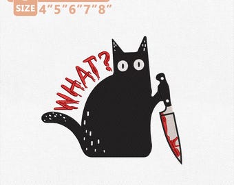 Black Cat mes borduurwerk ontwerpen, grappige horror kat borduurbestand, What Murder Spooky machine borduurwerk, Halloween shirts direct downloaden