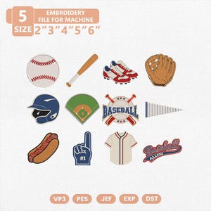 以下が含まれることがあります： 野球をテーマにしたデジタル刺繍ファイルセット。ボール、バット、スパイク、グローブ、ヘルメット、フィールド、ペナント、ホットドッグ、フォームフィンガー、ジャージ、BASEBALLおよびBASEBALL ALLSTARの文字が含まれ、5cmから15cmまでの5サイズ展開です。
