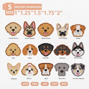 May include: A digital collection of 15 embroidered dog breed designs including Labrador, German Shepherd, Golden Retriever, French Bulldog, Bulldog, Poodle, Beagle, Rottweiler, Dachshund, Husky, Chihuahua, Shih Tzu, Boxer, Great Dane, and Australian Shepherd.