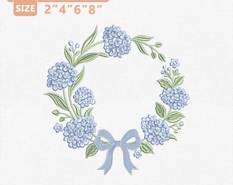 Blue Hydrangea Monogram Frame Embroidery Design, Floral Wreath Monogram Frame with Bow, Elegant Flower Letter Frame, 4 Sizes PES DST Files
