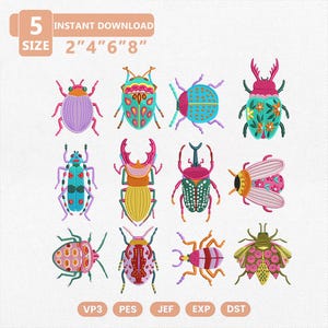 May include: A digital embroidery design set featuring twelve colorful insect illustrations in various patterns. The text reads 5 SIZE 2" 4" 6" 8" and file formats VP3, PES, JEF, EXP, DST. Each beetle and bug displays distinct color palettes.