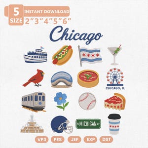 Mini Chicago Charm Embroidery Design Bundle, Windy City Landmark Icons, Illinois Travel Collection Machine Embroidery File, Instant Download