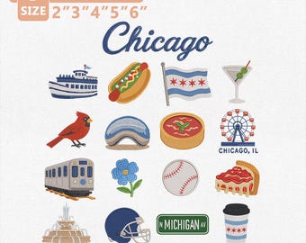 Paquete de diseños de bordado Mini Chicago Charm, iconos emblemáticos de la Ciudad de los Vientos, archivo de bordado a máquina de la colección de viajes de Illinois, descarga instantánea.