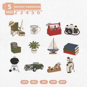 Puede incluir: Una colección de doce diseños bordados que incluye una silla de camping con equipo de pesca, una taza con la etiqueta BEST GRANDPA EVER, una caja de herramientas roja, una cámara, un sillón, una planta, un velero, libros, una parrilla, un coche, un cepillo de carpintero y palos de golf.