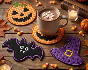 Juego de 12 posavasos con apliques de Halloween para imprimir en ITH, diseño de bordado para posavasos de Halloween, bordado espeluznante, murciélago, calabaza, fantasma, descarga instantánea.