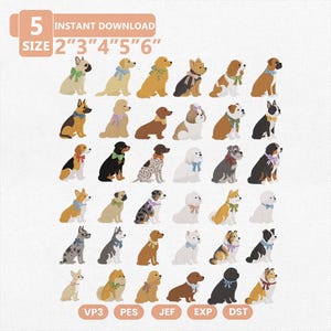 Pode incluir: Uma coleção digital de 30 designs ilustrados de cães, cada um usando uma gravata borboleta ou fita colorida. A imagem inclui o texto 5 SIZE 2" 3" 4" 5" 6" INSTANT DOWNLOAD e formatos de arquivo VP3, PES, JEF, EXP e DST para bordados.