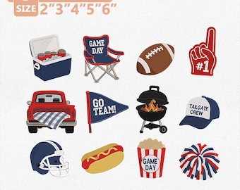 Stickset für die Grillparty am Spieltag, Maschinenstickerei für den Footballtag, Grillparty, Football, Helm, Stuhl, Hotdog, Sofort-Download