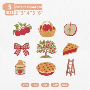 Puede incluir: Un conjunto de diseños de bordado digital con nueve iconos temáticos de manzanas: tres manzanas en una rama, una cesta, una manzana cortada, un lazo a cuadros, un manzano, un trozo de tarta, una jarra, una tarta entera y una escalera.