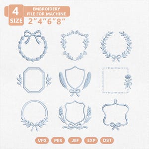May include: A collection of light blue embroidery designs in various frame shapes, including wreaths, shields, and octagons. The designs are labeled with sizes 2", 4", 6", and 8", and file formats VP3, PES, JEF, EXP, and DST.