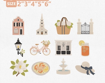Paquete de diseños de bordado "Mañana en Charleston", archivo de iconos de Charleston, colección Southern Coastal, decoración de ciudad histórica, descarga instantánea.