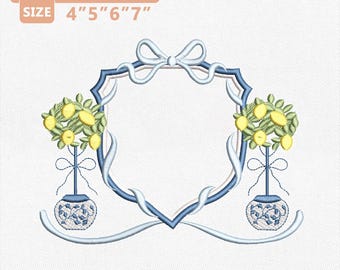 Lemon Crest Embroidery Design, Chinoiserie Citrus Monogram Frame Machine File, Italian Summer Kitchen Towel, Instant Download PES DST