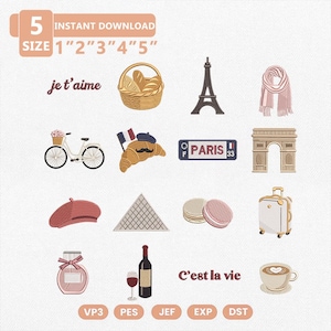 May include: A digital embroidery design set featuring Paris-themed icons including a basket of bread, Eiffel Tower, scarf, bicycle, croissant with a flag, Paris sign, Arc de Triomphe, beret, pyramid, macarons, suitcase, perfume, wine, and coffee.