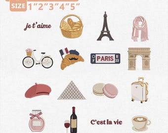 Paris French Embroidery Design, Eiffel Tower Embroidery File, French Travel Icons Machine Embroidery, Croissant Paris Instant Download