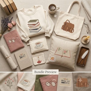 May include: A collection of items including a cream sweatshirt with a stack of books, a canvas tote with a brown satchel, a pink pouch with glasses, a beige pouch with a teacup, a beige pouch with a candle, and a pillow with an open book.