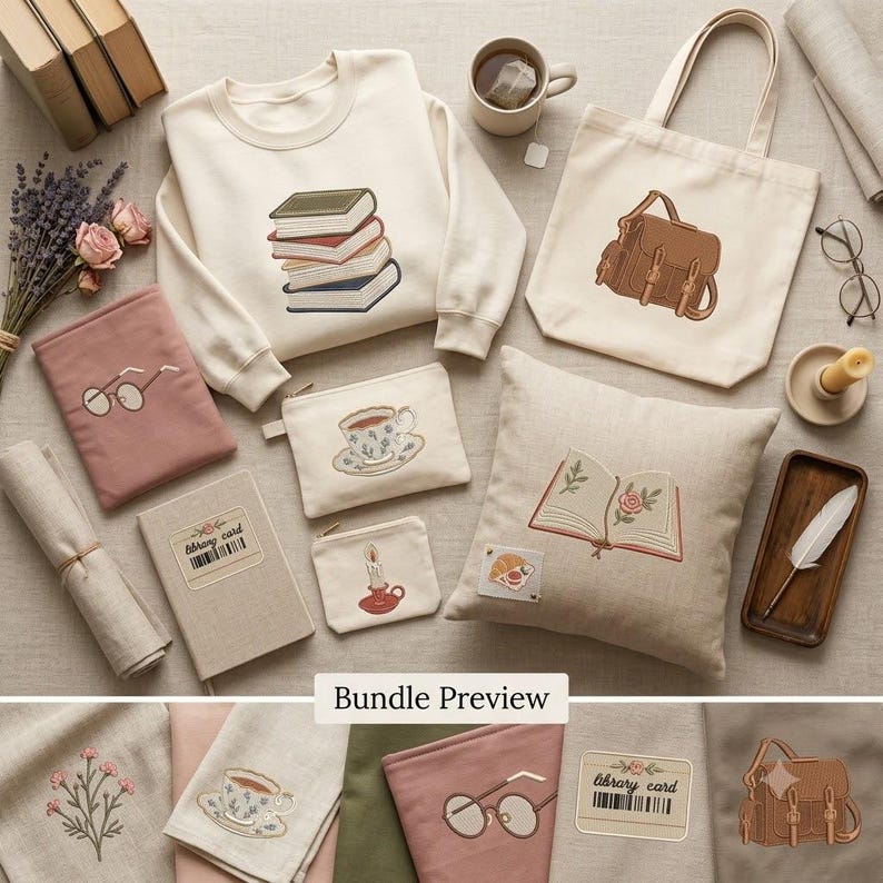 May include: A collection of items including a cream sweatshirt with a stack of books, a canvas tote with a brown satchel, a pink pouch with glasses, a beige pouch with a teacup, a beige pouch with a candle, and a pillow with an open book.