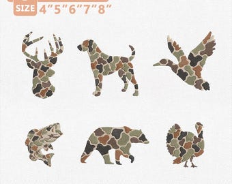 Paquete de diseños de bordado de camuflaje de fauna silvestre, colección de caza de ciervos, patos y osos, archivo de bordado a máquina de estilo rústico para exteriores, descarga instantánea.