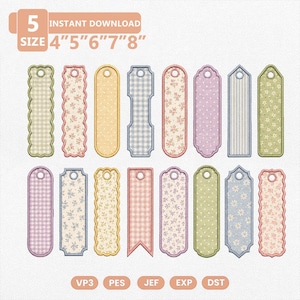 May include: A collection of sixteen digital embroidery designs for bookmarks in various shapes and patterns, including floral, gingham, and polka dot prints. Text at the top reads 5 SIZE 4" 5" 6" 7" 8" and at the bottom VP3 PES JEF EXP DST.