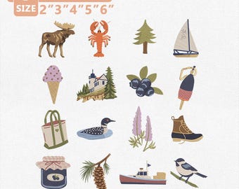 Paquete de diseños de bordado de la costa de Maine, colección de iconos de viaje de Nueva Inglaterra, archivo para máquina de velero con faro de langosta, descarga instantánea.
