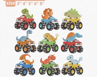 Paquete de diseños de bordado de camiones monstruo de dinosaurios, 9 archivos de máquinas de dinosaurios adorables para camisetas infantiles, mochilas y decoración de guarderías, descarga digital.