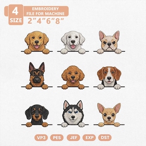 May include: Embroidery file for machine featuring nine different dog breeds. Each dog is depicted from the chest up, peeking over a horizontal line. The image includes the text "4 SIZE 2"4"6"8"" and file type abbreviations.