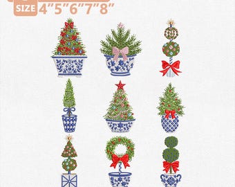 Topiary Christmas Tree Embroidery Design Bundle, Christmas Tree Machine, Holiday Topiary, Floral Tree, Christmas Decor, Instant Download